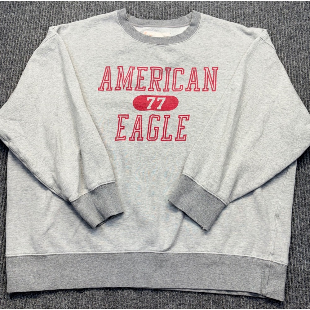 American Eagle Womens XL Gray Red Graphic 77 Crewneck Sweatshirt Pullover